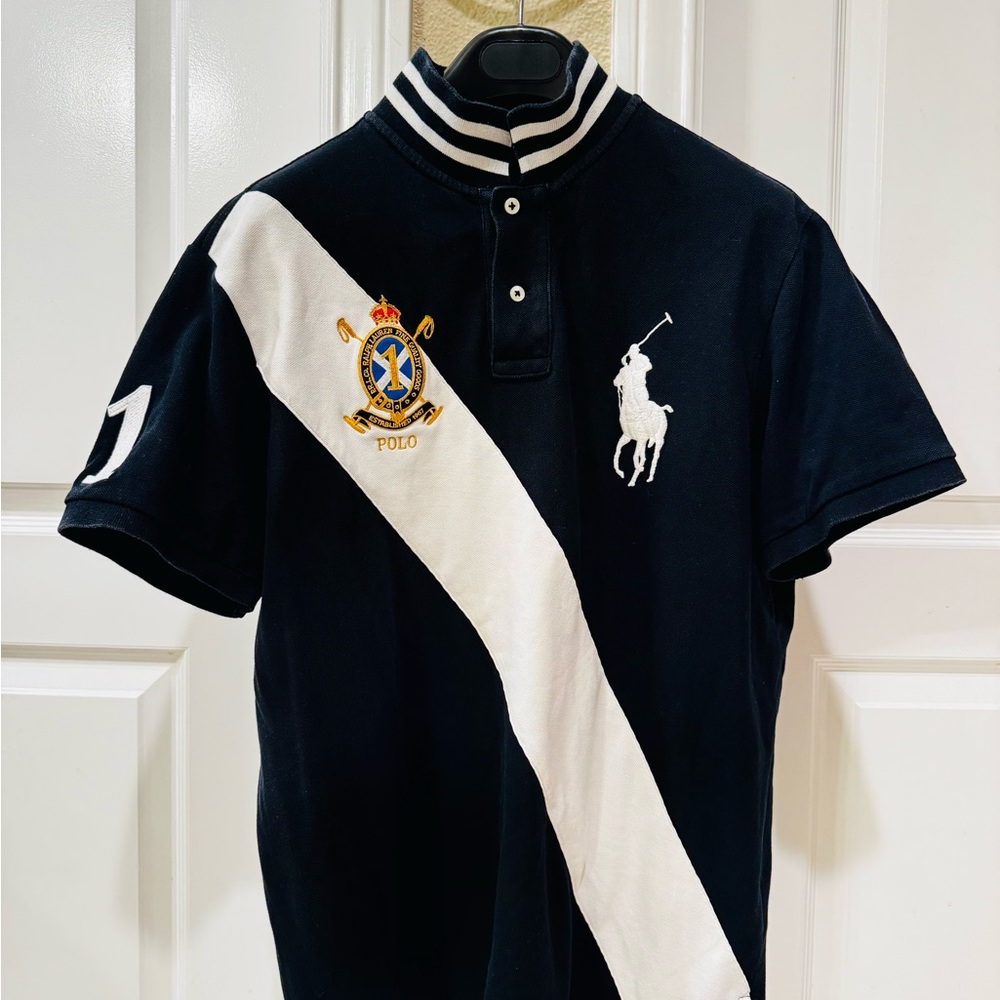 Ralph Lauren Black and White Polo with Gold Embroidered Crest - Size L